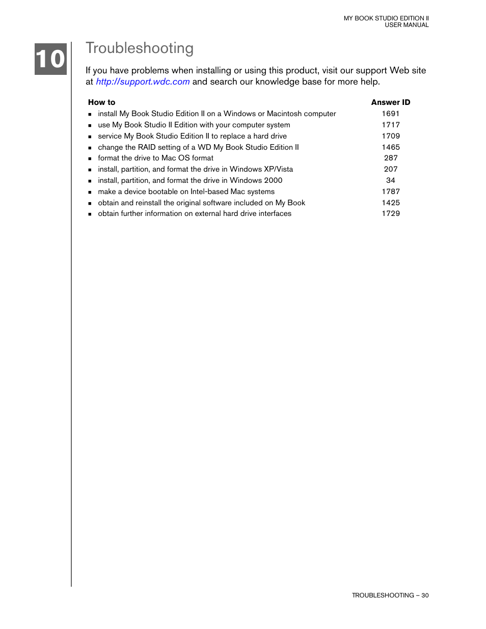 Troubleshooting, How to, Answer id | Western Digital Studio Edition II User Manual | Page 33 / 38