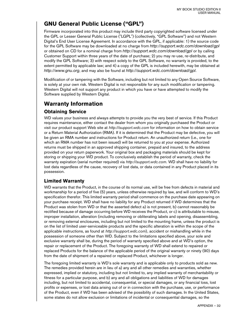 Gnu general public license (“gpl”), Warranty information, Obtaining service | Limited warranty | Western Digital Studio Edition II User Manual | Page 35 / 38