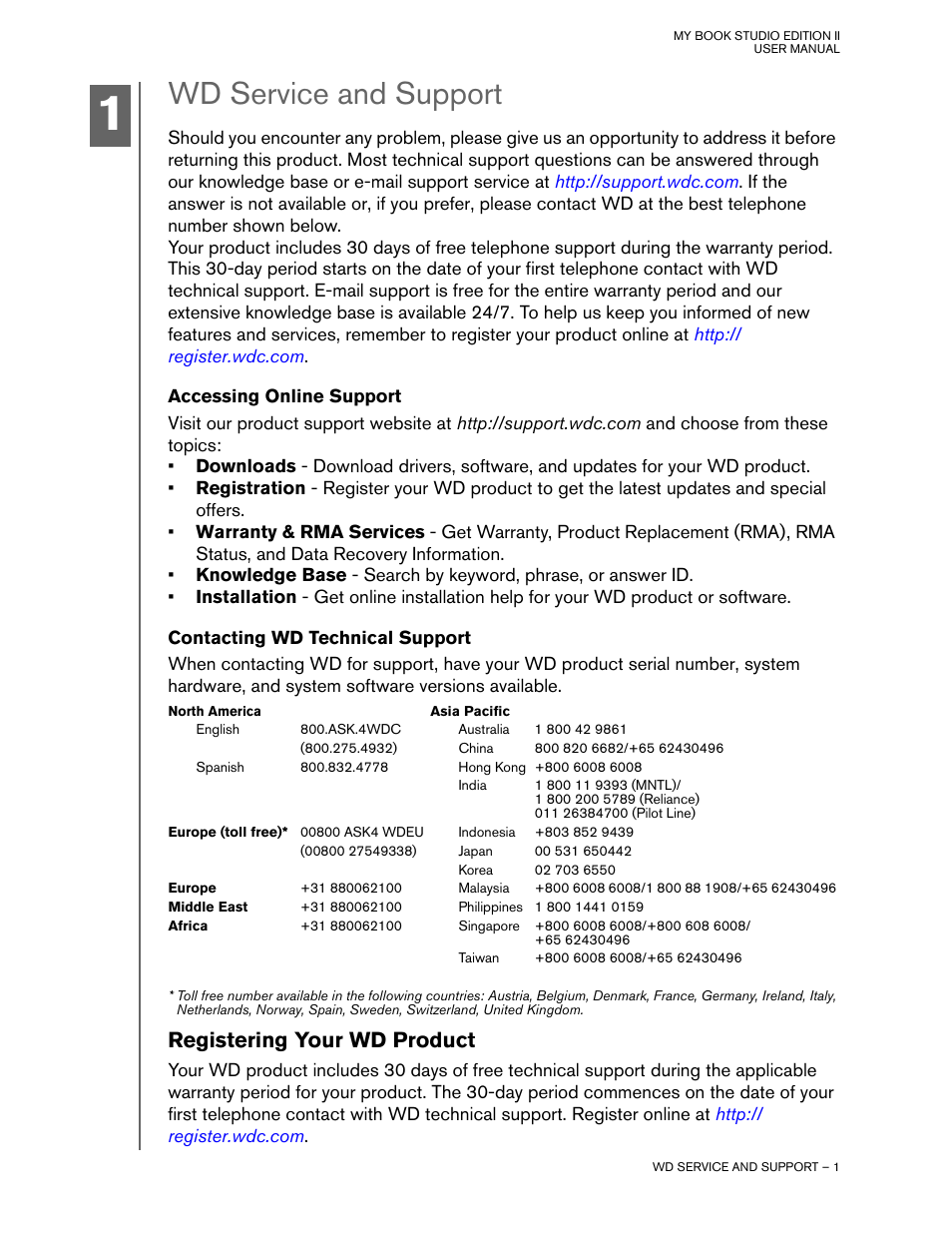 Wd service and support, Accessing online support, Contacting wd technical support | Registering your wd product | Western Digital Studio Edition II User Manual | Page 4 / 38