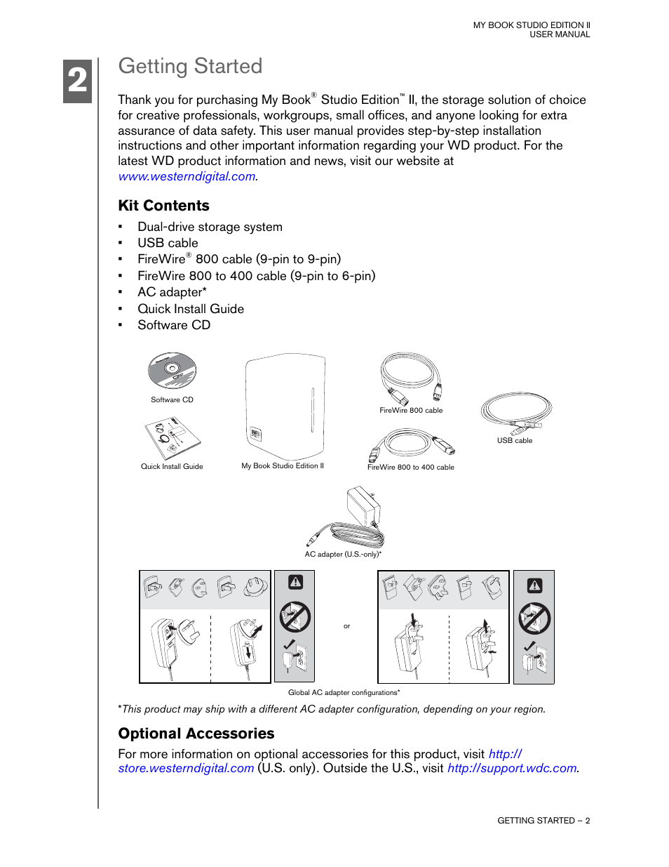 Getting started, Kit contents, Optional accessories | Western Digital Studio Edition II User Manual | Page 5 / 38