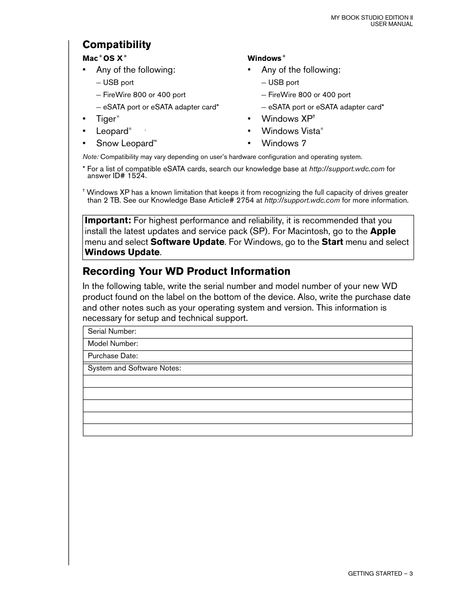 Compatibility, Mac® os x, Windows | Recording your wd product information | Western Digital Studio Edition II User Manual | Page 6 / 38