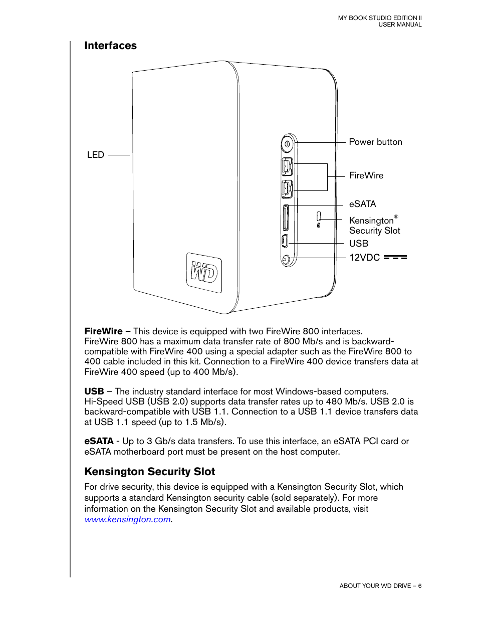 Kensington security slot, Interfaces | Western Digital Studio Edition II User Manual | Page 9 / 38