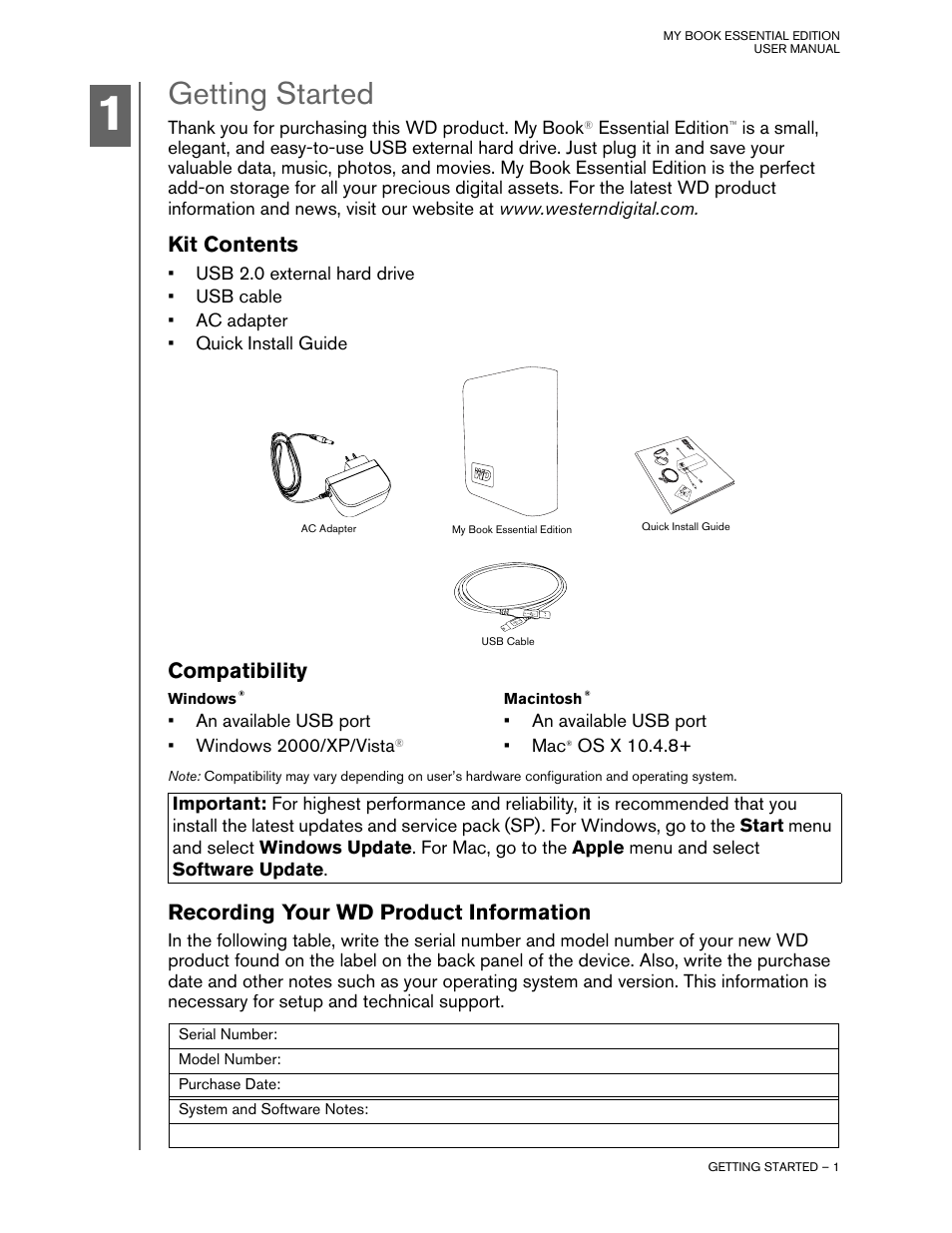 Getting started, Kit contents, Compatibility | Windows, Macintosh, Recording your wd product information | Western Digital My Book Essential Edition User Manual | Page 2 / 9