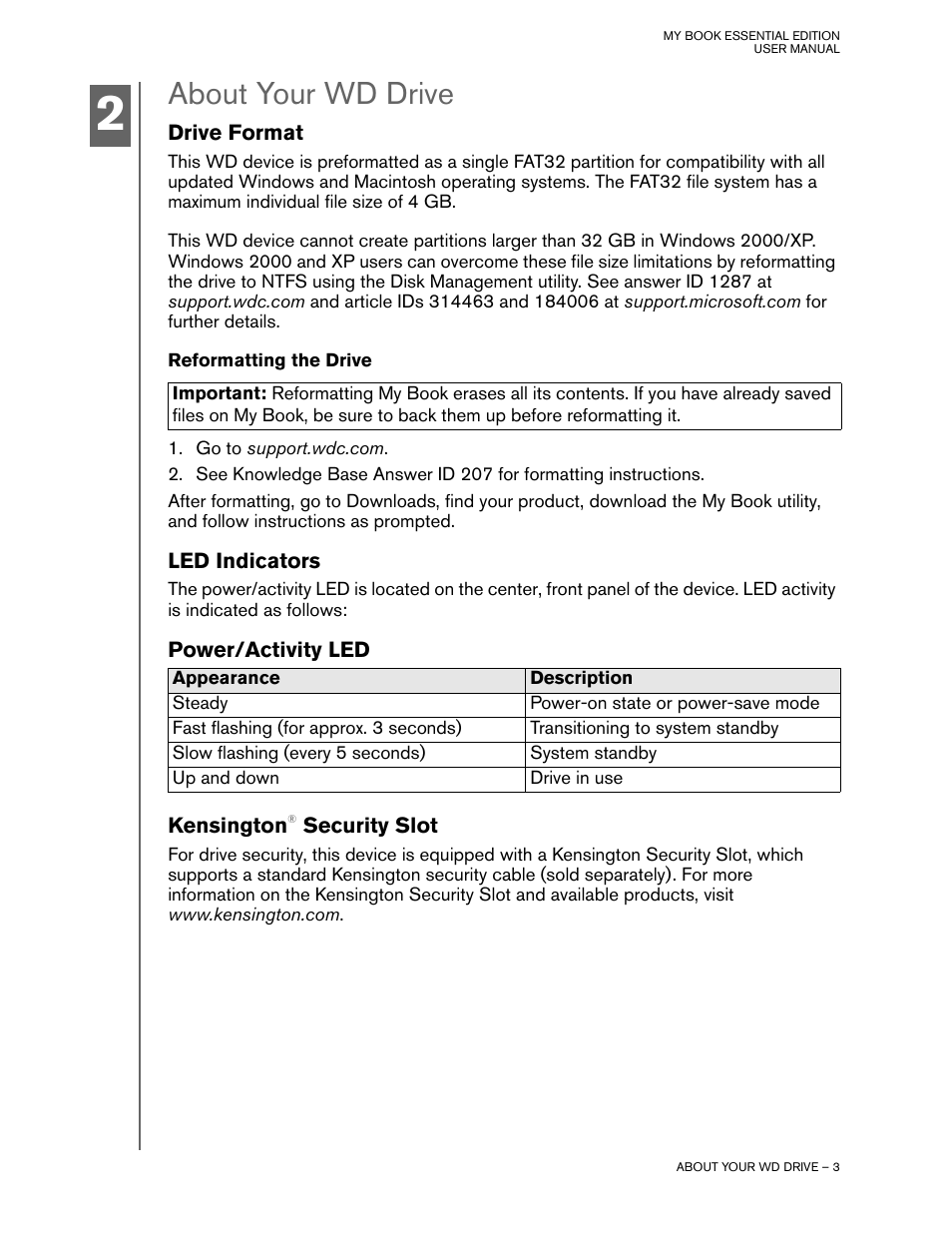 About your wd drive, Drive format, Reformatting the drive | Led indicators, Power/activity led, Kensington® security slot | Western Digital My Book Essential Edition User Manual | Page 4 / 9