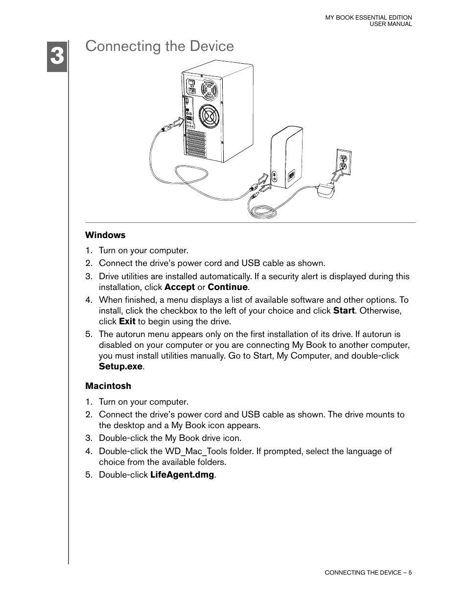 Connecting the device, Windows, Macintosh | Western Digital My Book Essential Edition User Manual | Page 6 / 9