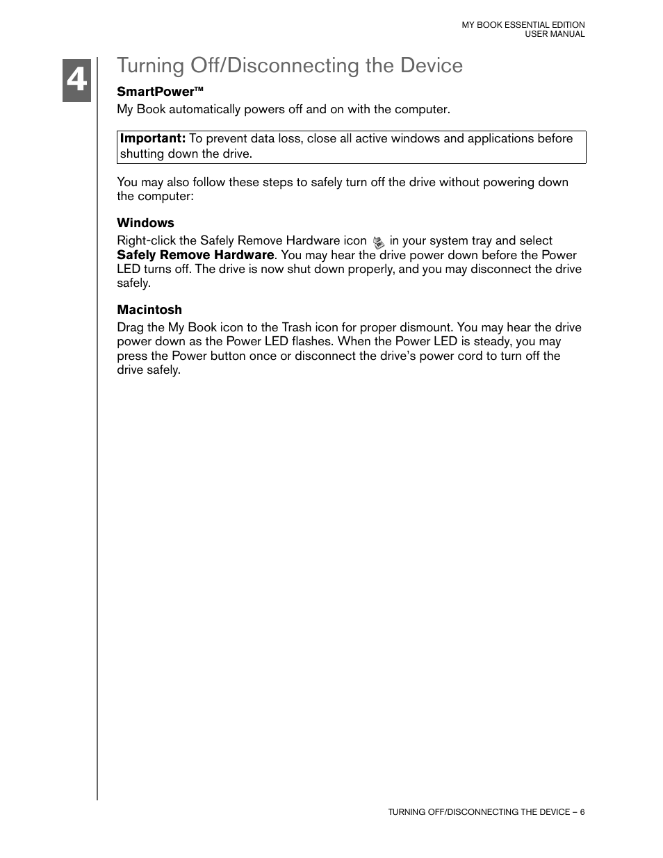 Turning off/disconnecting the device, Smartpower, Windows | Macintosh | Western Digital My Book Essential Edition User Manual | Page 7 / 9