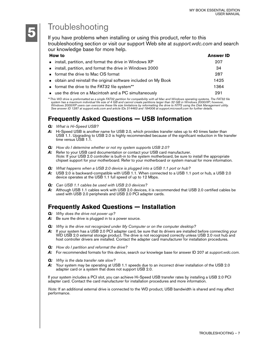 Troubleshooting, How to, Answer id | Frequently asked questions — usb information, Frequently asked questions — installation | Western Digital My Book Essential Edition User Manual | Page 8 / 9