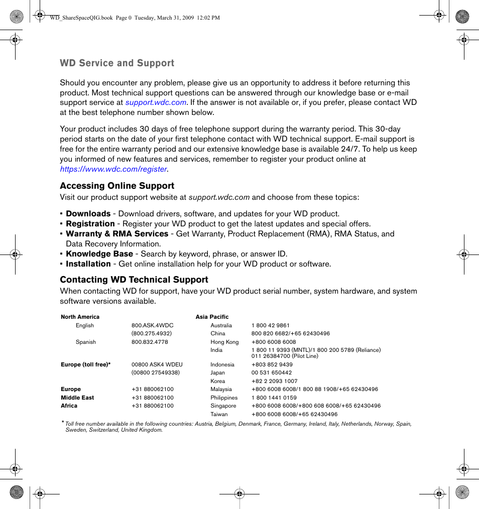 Wd service and support, Accessing online support, Contacting wd technical support | Western Digital WD ShareSpace User Manual | Page 2 / 9