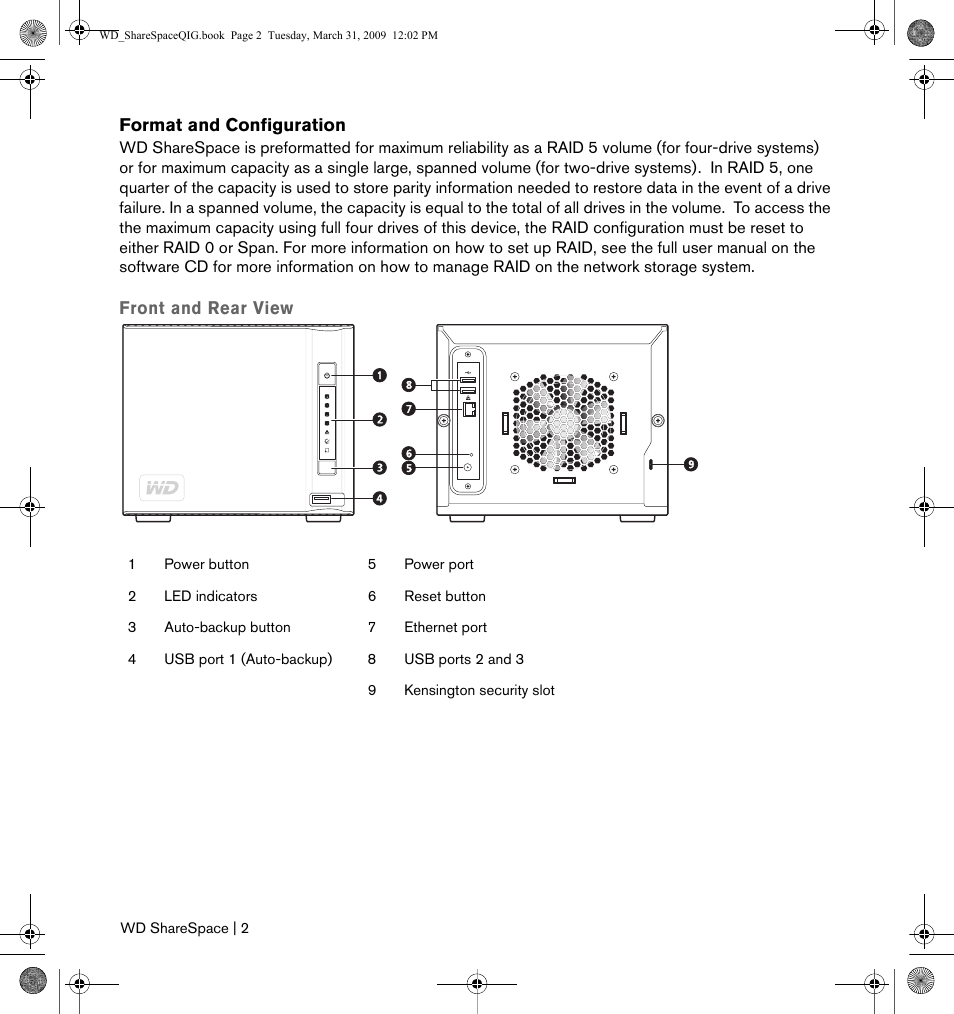 Format and configuration, Front and rear view | Western Digital WD ShareSpace User Manual | Page 4 / 9