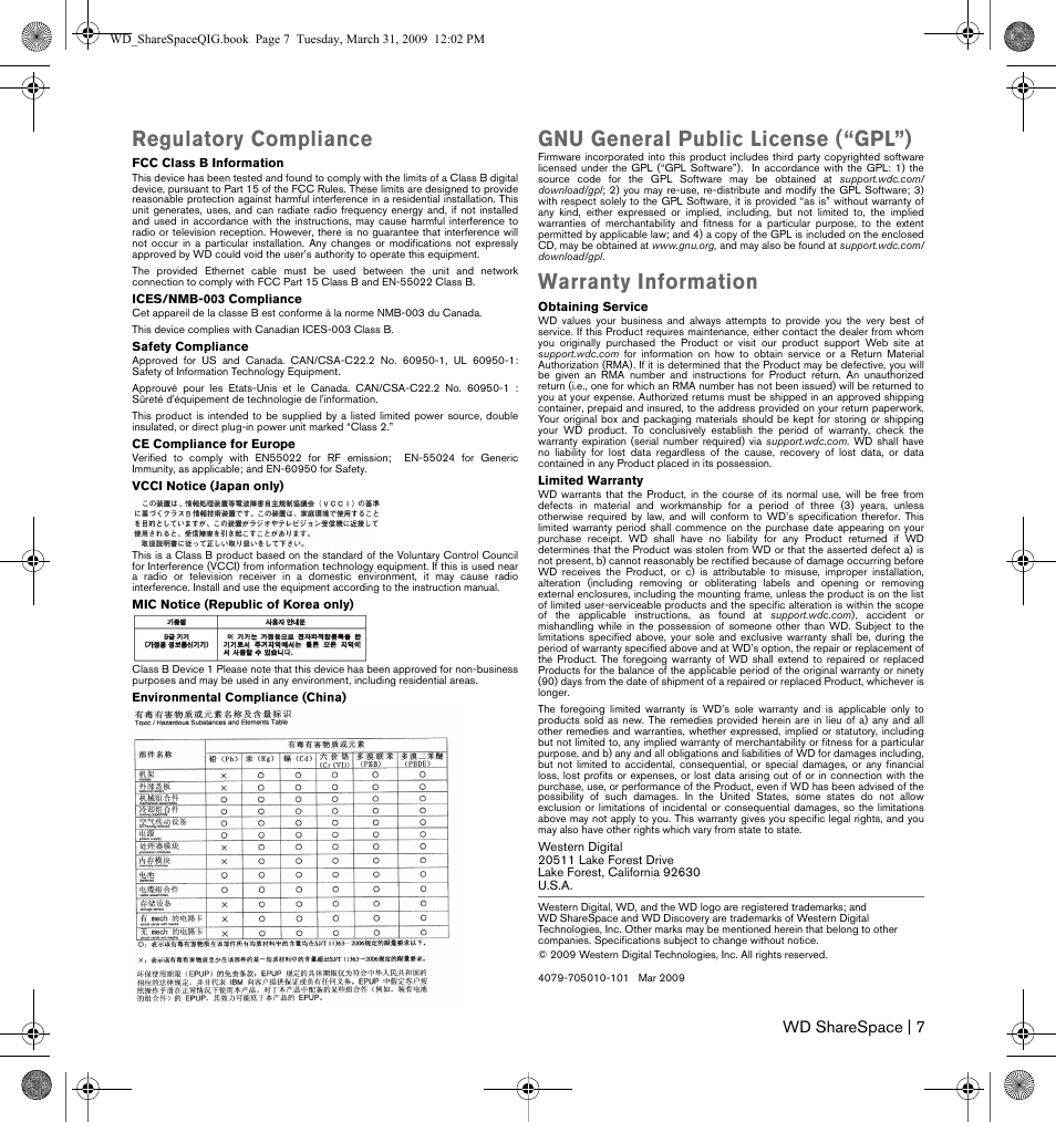 Regulatory compliance, Gnu general public license (“gpl”), Warranty information | Western Digital WD ShareSpace User Manual | Page 9 / 9