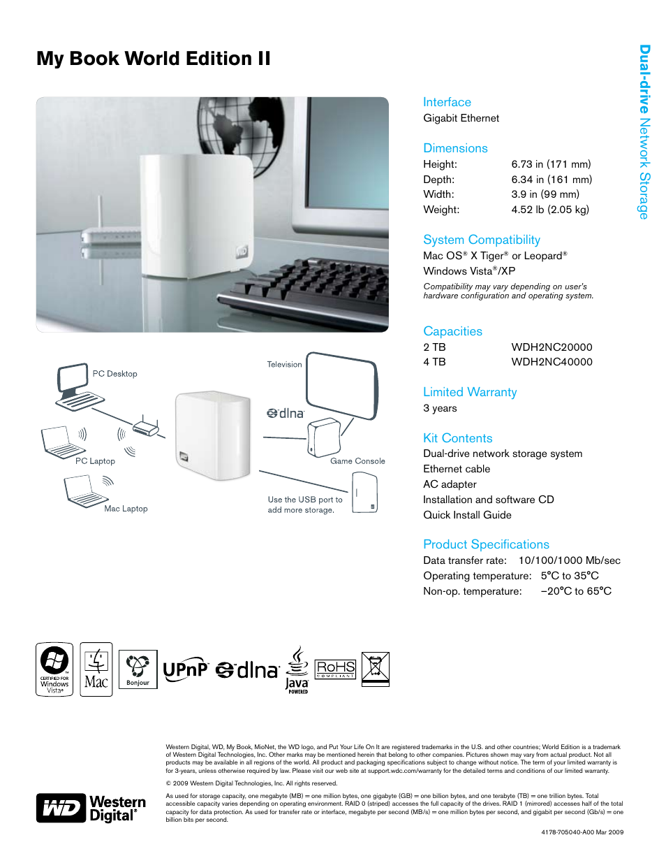 My book world edition ii, Dual-drive network storage, Interface | Dimensions, System compatibility, Capacities, Limited warranty, Kit contents, Product specifications | Western Digital My Book World Edition II User Manual | Page 2 / 2