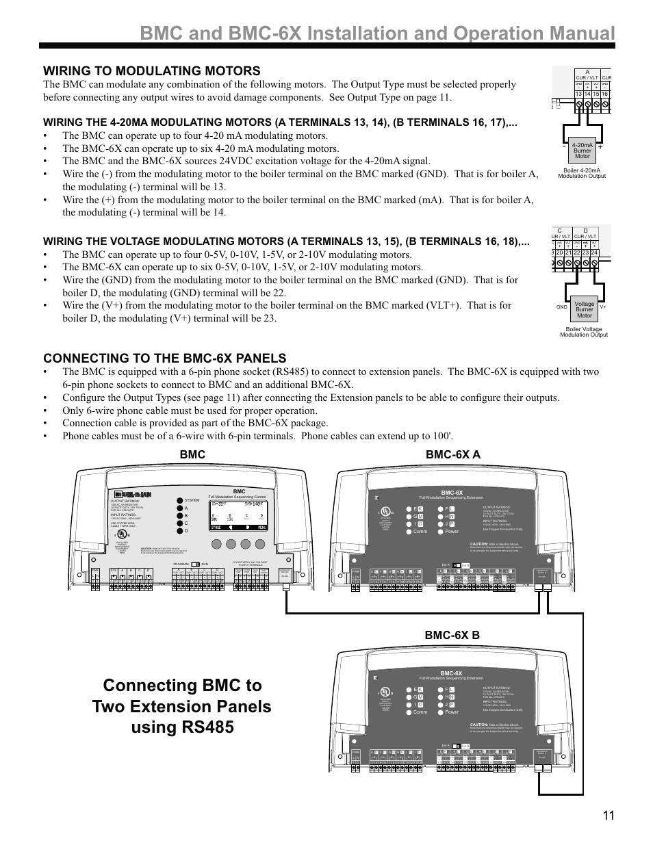 Bmc and bmc-6x installation and operation manual, Connecting bmc to two extension panels using rs485, Wiring to modulating motors | Connecting to the bmc-6x panels, Bmc-6x a, Bmc-6x b | Weil-McLain BMC-6X User Manual | Page 11 / 32