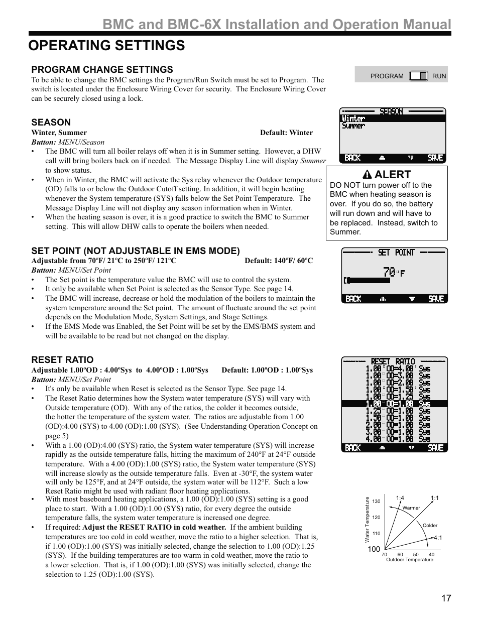 Alert, Program change settings, Season | Set point (not adjustable in ems mode), Reset ratio | Weil-McLain BMC-6X User Manual | Page 17 / 32