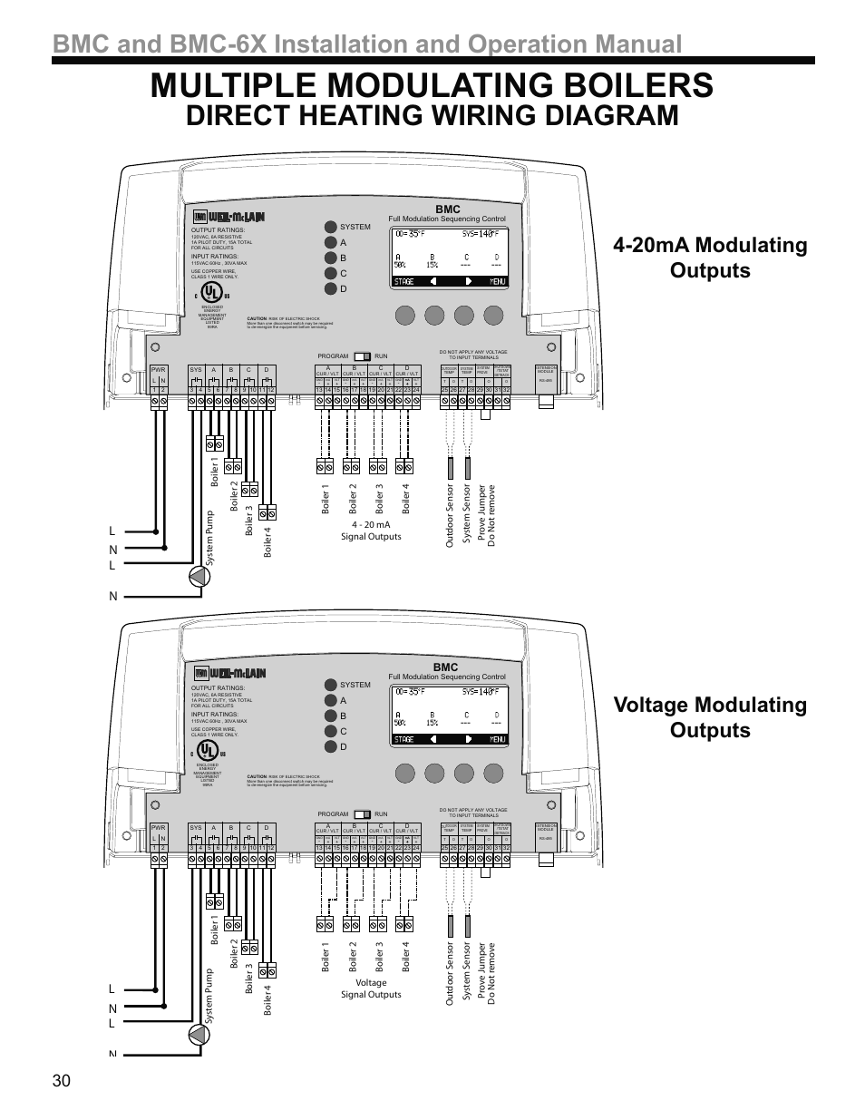 Multiple modulating boilers, Direct heating wiring diagram, Bmc and bmc-6x installation and operation manual | 20ma modulating outputs voltage modulating outputs | Weil-McLain BMC-6X User Manual | Page 30 / 32