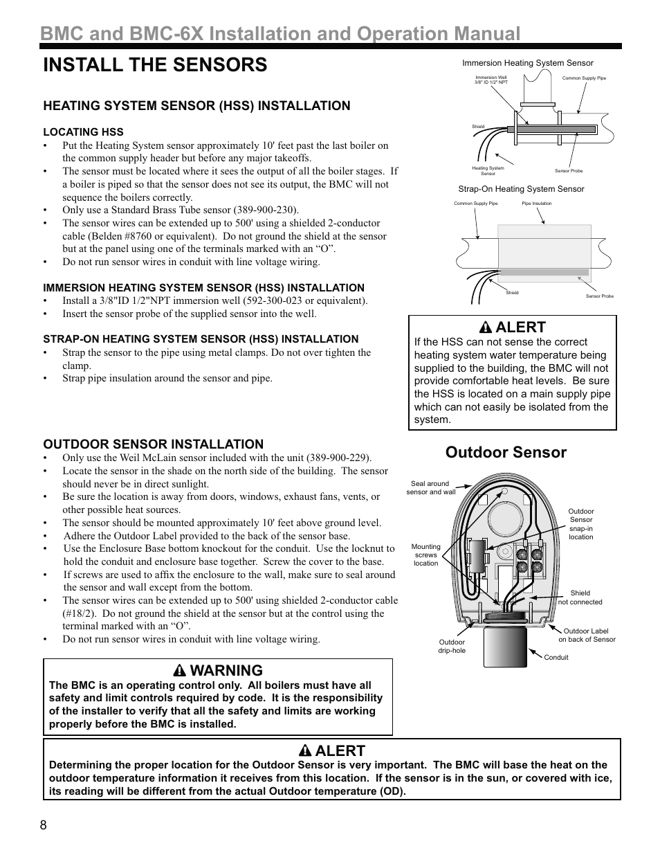 Outdoor sensor, Alert, Warning | Heating system sensor (hss) installation, Outdoor sensor installation | Weil-McLain BMC-6X User Manual | Page 8 / 32