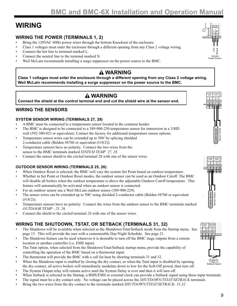 Warning, Wiring the power (terminals 1, 2), Wiring the sensors | Weil-McLain BMC-6X User Manual | Page 9 / 32