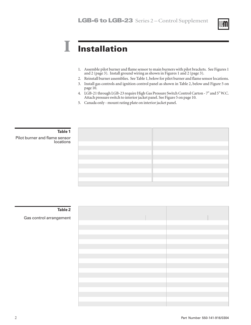 Installation, Lgb-6 to lgb-23, Series 2 – control supplement | Weil-McLain LGB-6  EN User Manual | Page 2 / 12