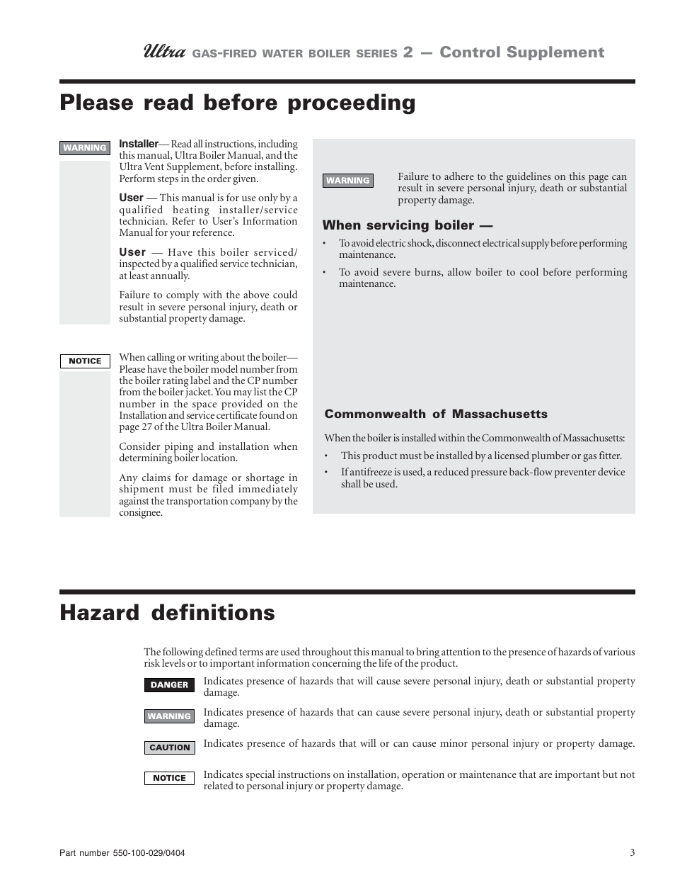 Please read before proceeding, Hazard definitions, 2 — control supplement | Weil-McLain -230 User Manual | Page 3 / 28