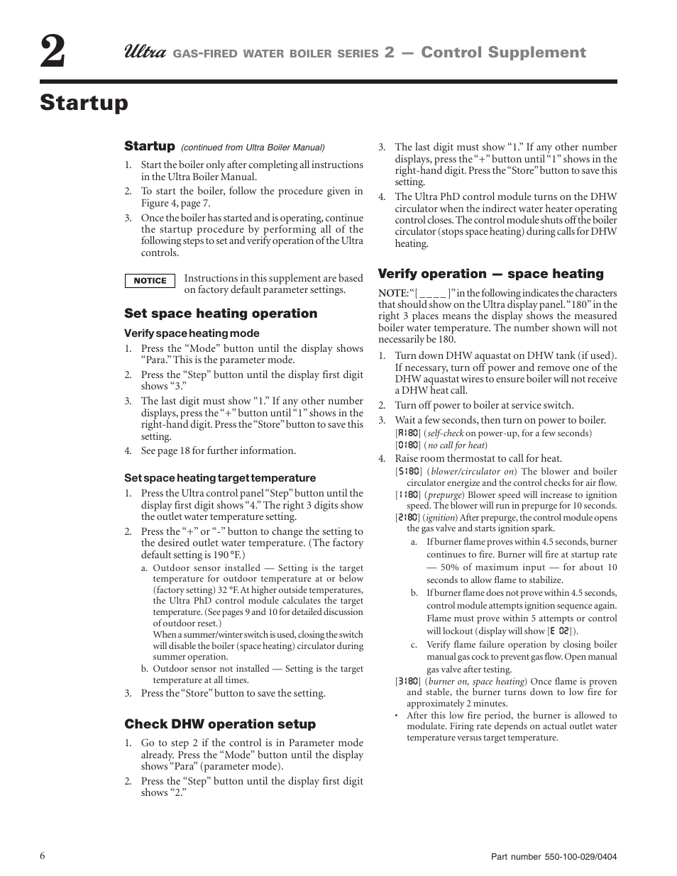 Startup, 2 — control supplement | Weil-McLain -230 User Manual | Page 6 / 28