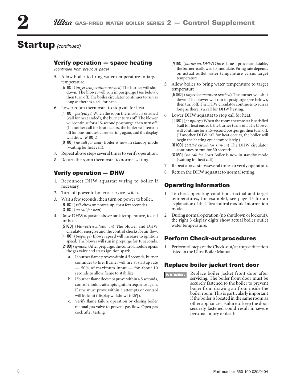 Startup, 2 — control supplement | Weil-McLain -230 User Manual | Page 8 / 28