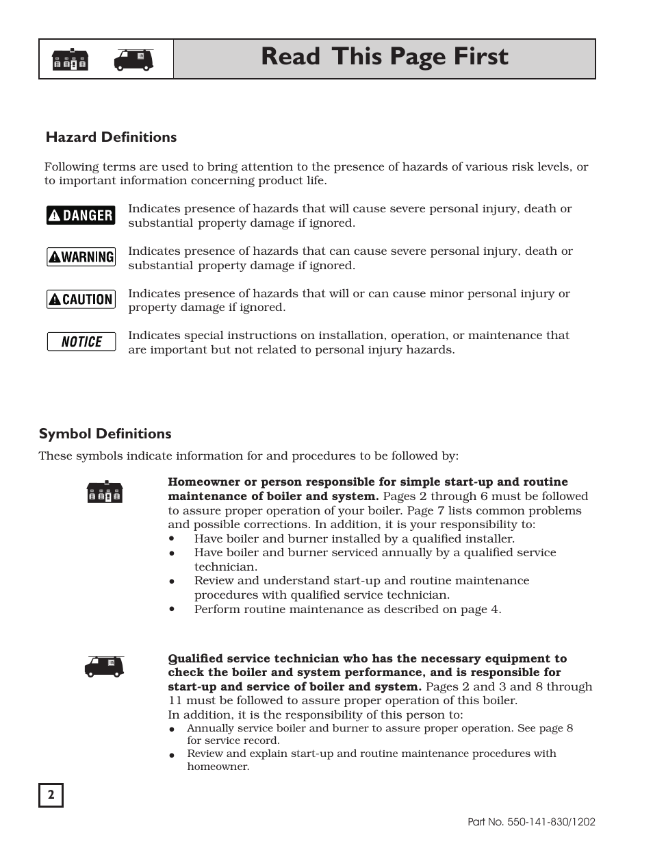 Read this page first, Hazard definitions, Symbol definitions | Weil-McLain 550-141-830/1202 User Manual | Page 2 / 12