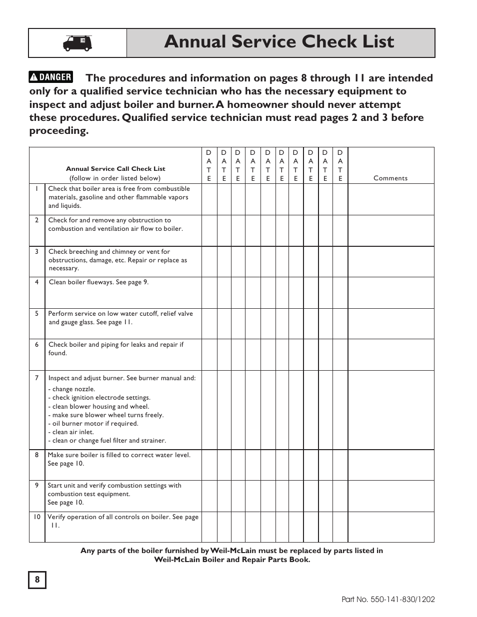 Annual service check list | Weil-McLain 550-141-830/1202 User Manual | Page 8 / 12