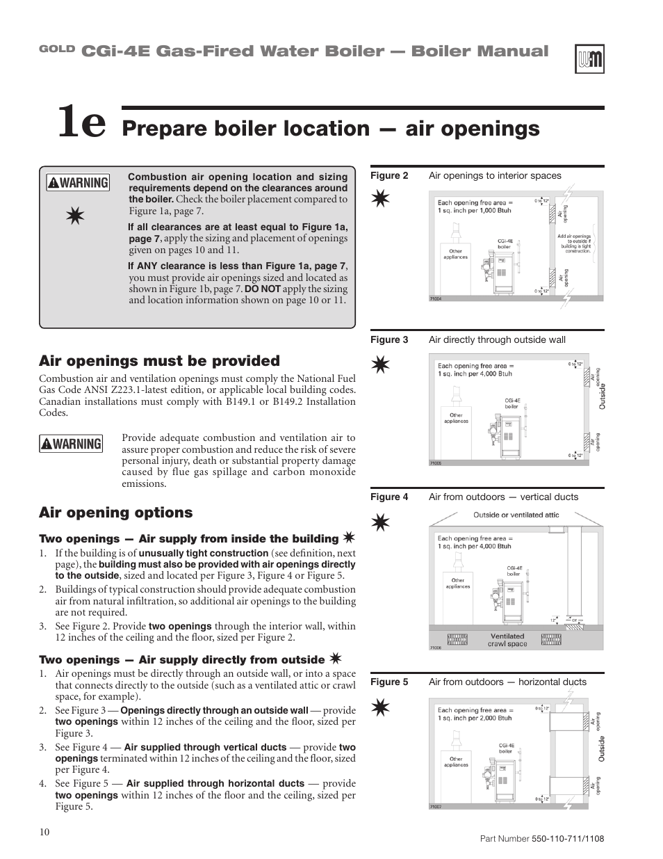 Prepare boiler location — air openings, Cgi-4e gas-fired water boiler — boiler manual, Air opening options | Air openings must be provided | Weil-McLain GOLD CGI-4E User Manual | Page 10 / 68