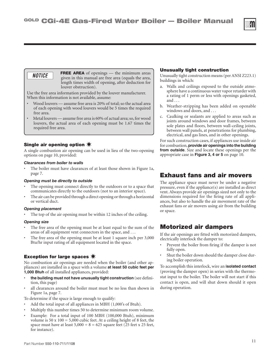 Cgi-4e gas-fired water boiler — boiler manual, Motorized air dampers, Exhaust fans and air movers | Weil-McLain GOLD CGI-4E User Manual | Page 11 / 68