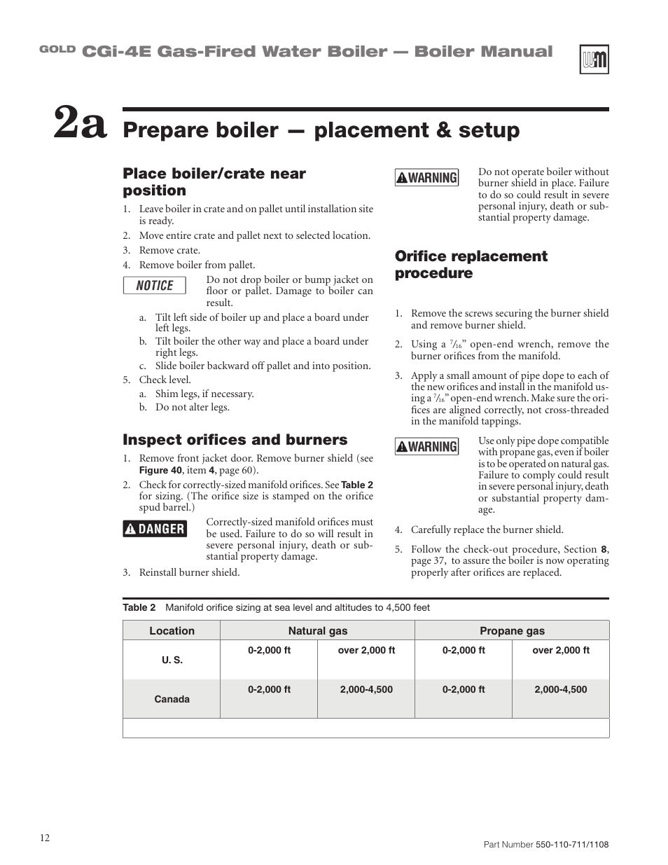 Prepare boiler — placement & setup, Cgi-4e gas-fired water boiler — boiler manual, Place boiler/crate near position | Inspect orifices and burners, Orifice replacement procedure | Weil-McLain GOLD CGI-4E User Manual | Page 12 / 68