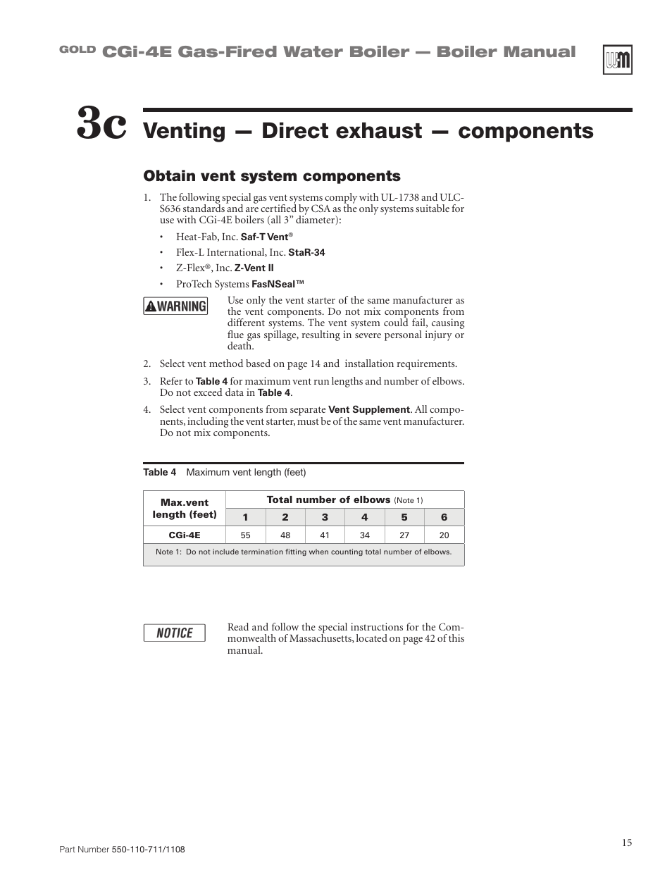 Venting — direct exhaust — components, Cgi-4e gas-fired water boiler — boiler manual, Obtain vent system components | Weil-McLain GOLD CGI-4E User Manual | Page 15 / 68
