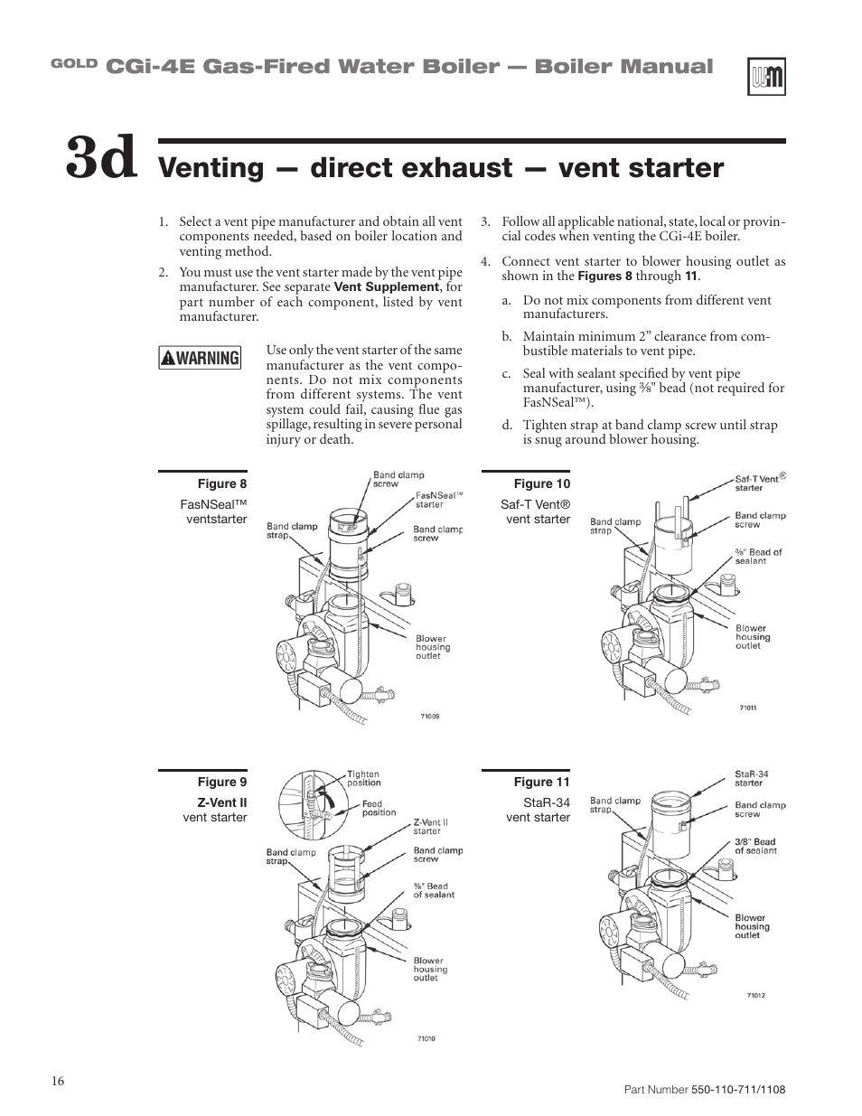 Venting — direct exhaust — vent starter, Cgi-4e gas-fired water boiler — boiler manual | Weil-McLain GOLD CGI-4E User Manual | Page 16 / 68