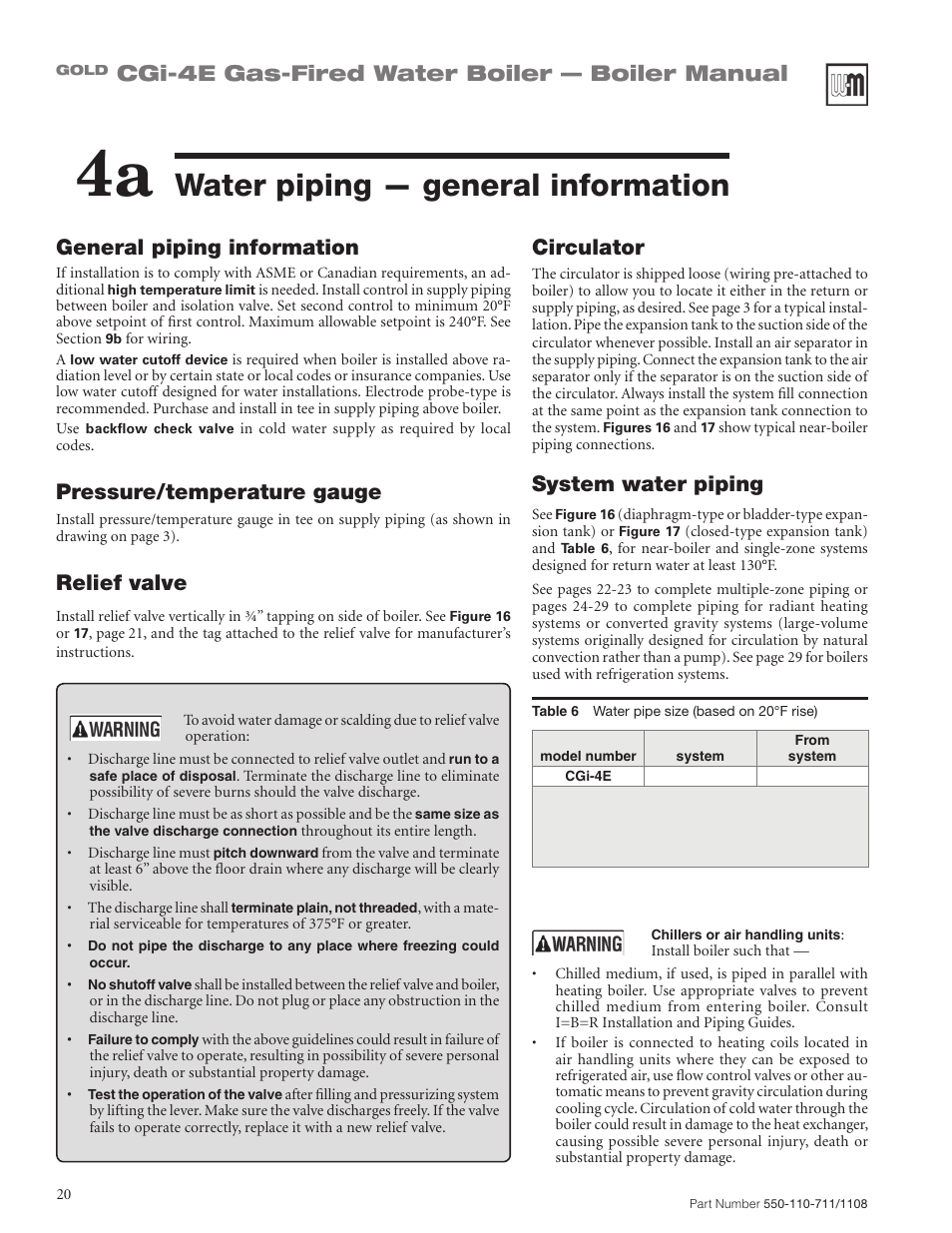 Water piping — general information, Cgi-4e gas-fired water boiler — boiler manual, General piping information | Pressure/temperature gauge, Relief valve, Circulator, System water piping | Weil-McLain GOLD CGI-4E User Manual | Page 20 / 68