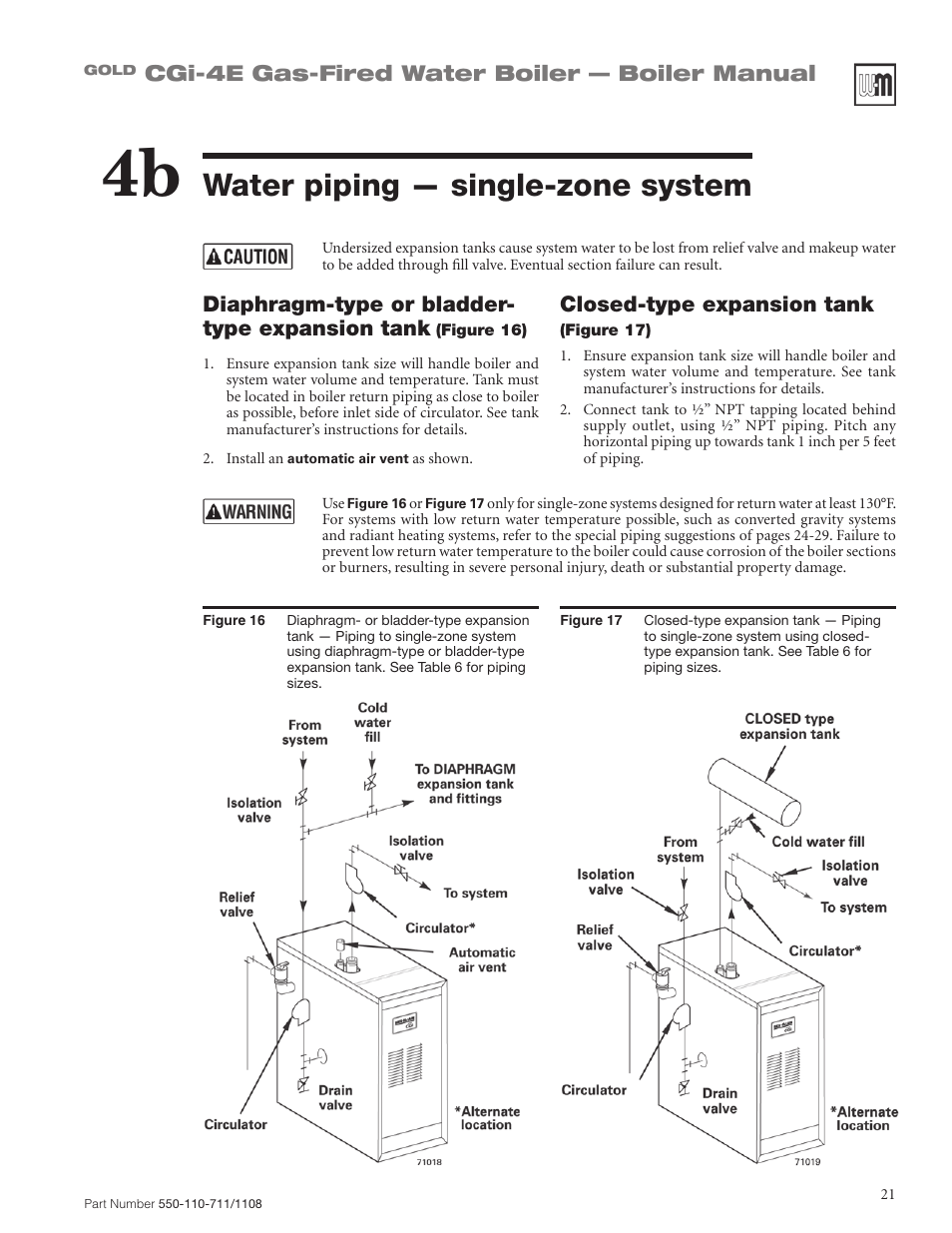 Water piping — single-zone system, Cgi-4e gas-fired water boiler — boiler manual, Diaphragm-type or bladder- type expansion tank | Closed-type expansion tank | Weil-McLain GOLD CGI-4E User Manual | Page 21 / 68
