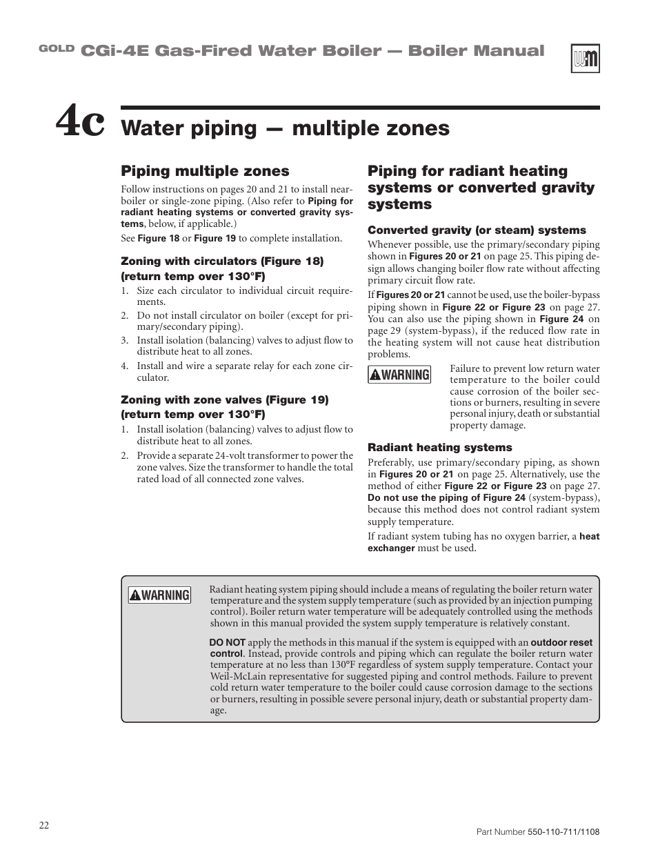 Water piping — multiple zones, Cgi-4e gas-fired water boiler — boiler manual, Piping multiple zones | Weil-McLain GOLD CGI-4E User Manual | Page 22 / 68