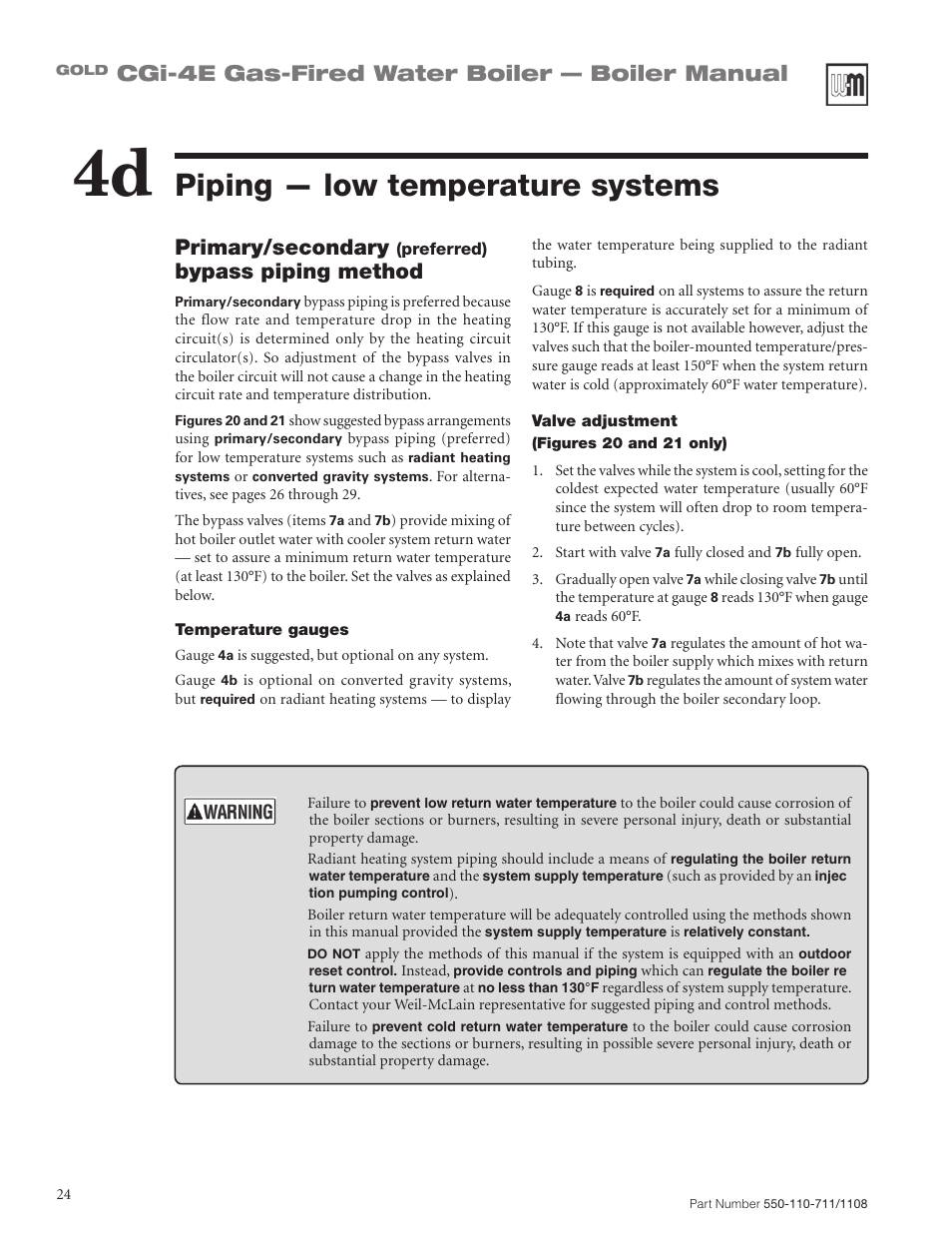 Piping — low temperature systems, Cgi-4e gas-fired water boiler — boiler manual, Primary/secondary | Bypass piping method | Weil-McLain GOLD CGI-4E User Manual | Page 24 / 68
