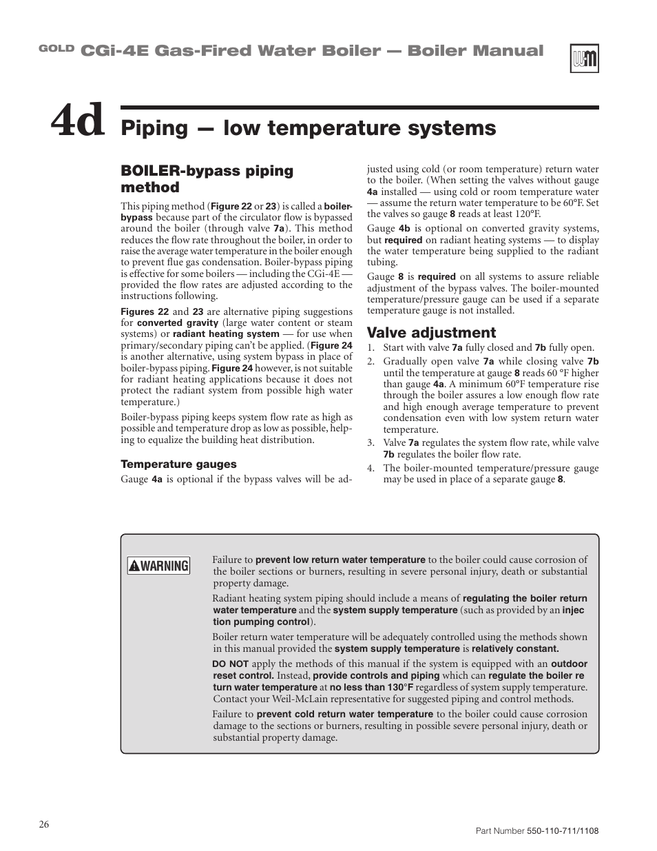 Piping — low temperature systems, Cgi-4e gas-fired water boiler — boiler manual, Boiler-bypass piping method | Valve adjustment | Weil-McLain GOLD CGI-4E User Manual | Page 26 / 68