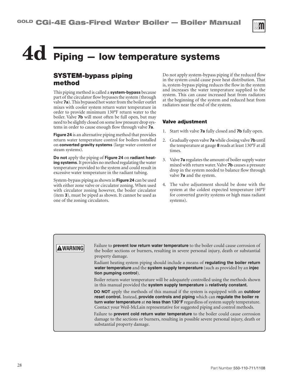 Piping — low temperature systems, Cgi-4e gas-fired water boiler — boiler manual, System-bypass piping method | Weil-McLain GOLD CGI-4E User Manual | Page 28 / 68