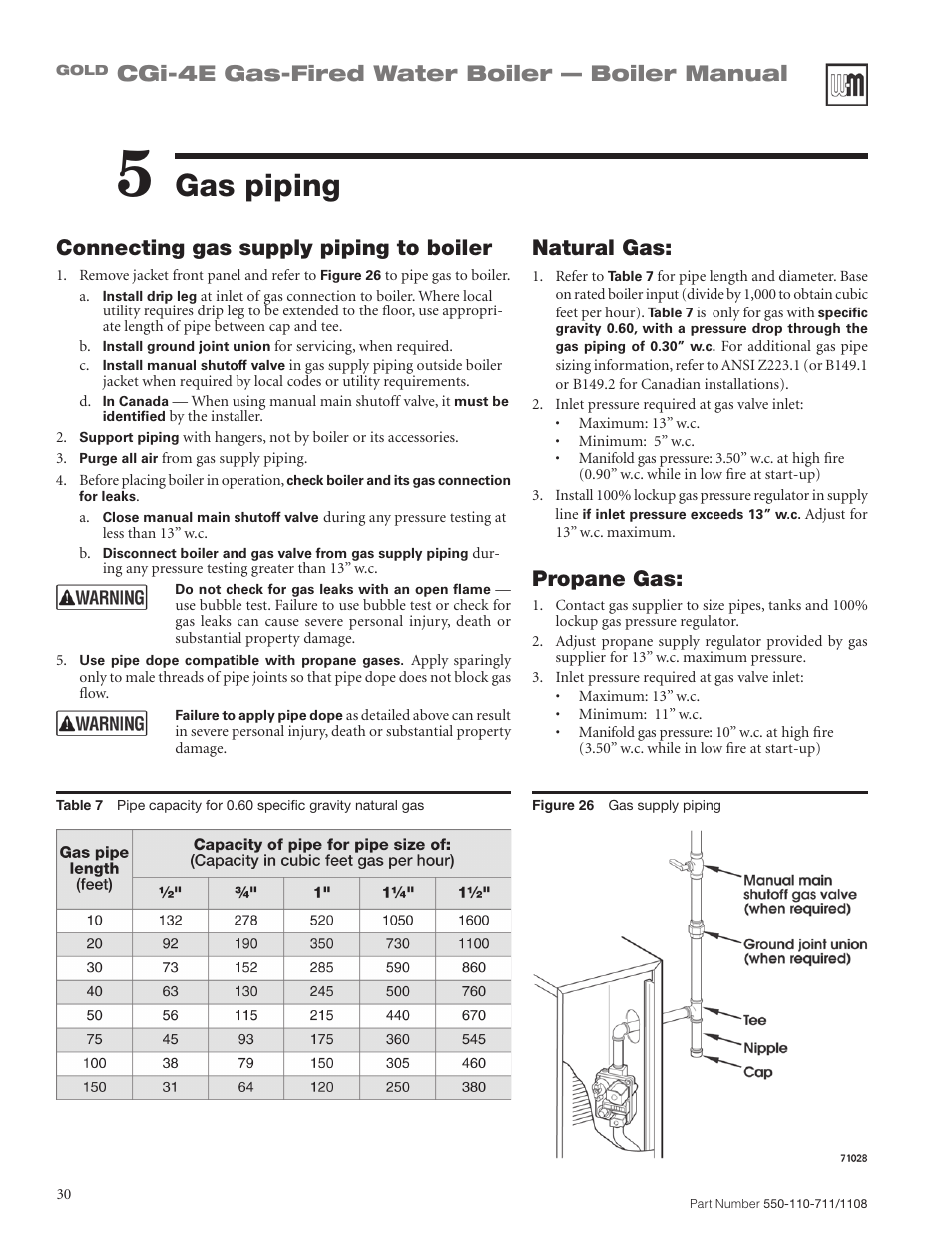Gas piping, Cgi-4e gas-fired water boiler — boiler manual, Natural gas | Propane gas, Connecting gas supply piping to boiler | Weil-McLain GOLD CGI-4E User Manual | Page 30 / 68