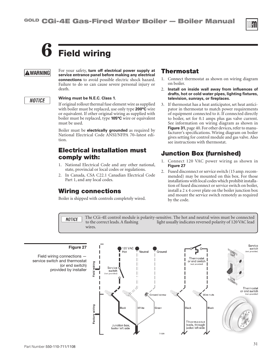 Field wiring, Cgi-4e gas-fired water boiler — boiler manual, Thermostat | Junction box (furnished), Electrical installation must comply with, Wiring connections | Weil-McLain GOLD CGI-4E User Manual | Page 31 / 68