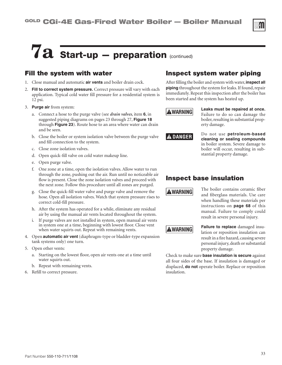 Start-up — preparation, Inspect system water piping, Inspect base insulation | Weil-McLain GOLD CGI-4E User Manual | Page 33 / 68