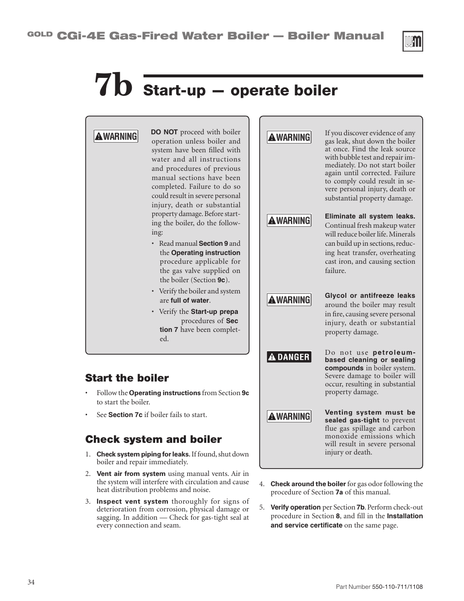 Start-up — operate boiler, Cgi-4e gas-fired water boiler — boiler manual, Start the boiler | Check system and boiler | Weil-McLain GOLD CGI-4E User Manual | Page 34 / 68