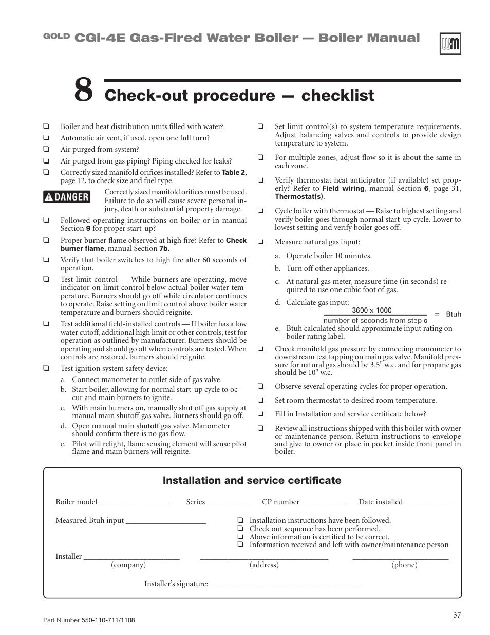 Check-out procedure — checklist, Cgi-4e gas-fired water boiler — boiler manual, Installation and service certificate | Weil-McLain GOLD CGI-4E User Manual | Page 37 / 68