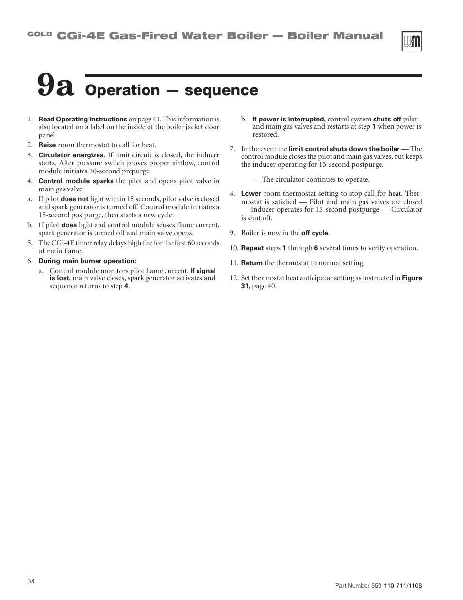Operation — sequence, Cgi-4e gas-fired water boiler — boiler manual | Weil-McLain GOLD CGI-4E User Manual | Page 38 / 68