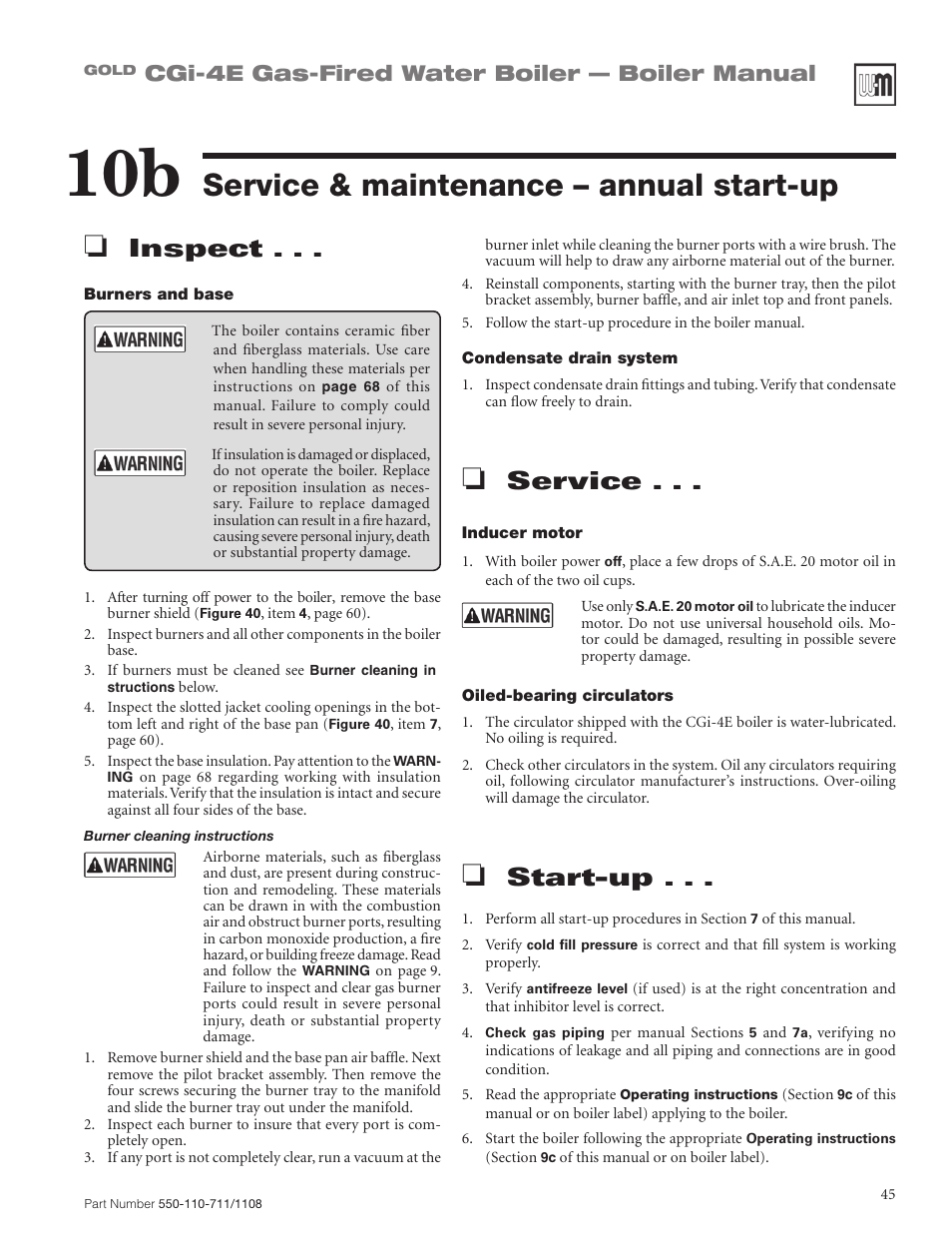 Service & maintenance – annual start-up, Inspect, Service | Start-up, Cgi-4e gas-fired water boiler — boiler manual | Weil-McLain GOLD CGI-4E User Manual | Page 45 / 68