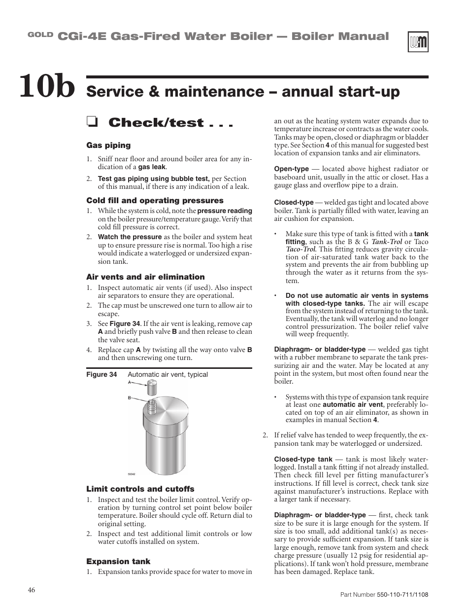 Service & maintenance – annual start-up, Check/test, Cgi-4e gas-fired water boiler — boiler manual | Weil-McLain GOLD CGI-4E User Manual | Page 46 / 68
