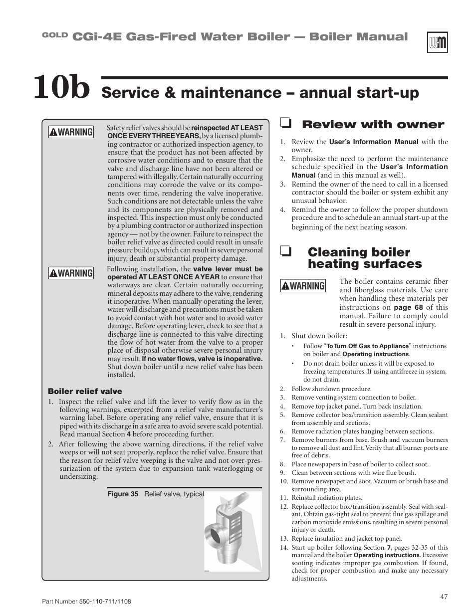 Service & maintenance – annual start-up, Cleaning boiler heating surfaces, Cgi-4e gas-fired water boiler — boiler manual | Review with owner | Weil-McLain GOLD CGI-4E User Manual | Page 47 / 68