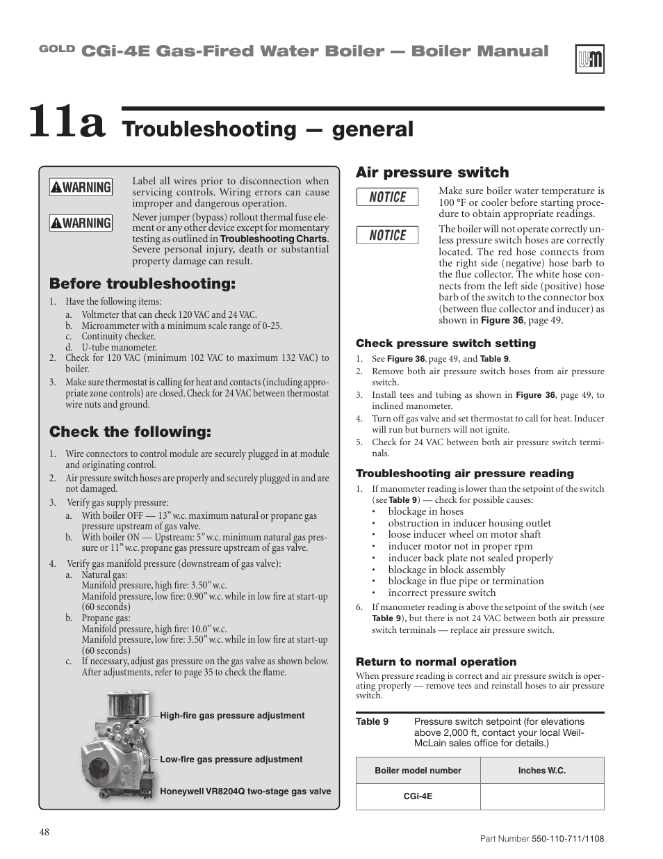 Troubleshooting — general, Cgi-4e gas-fired water boiler — boiler manual, Air pressure switch | Before troubleshooting, Check the following | Weil-McLain GOLD CGI-4E User Manual | Page 48 / 68