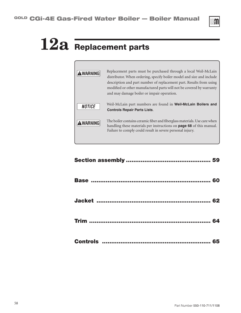 Replacement parts | Weil-McLain GOLD CGI-4E User Manual | Page 58 / 68