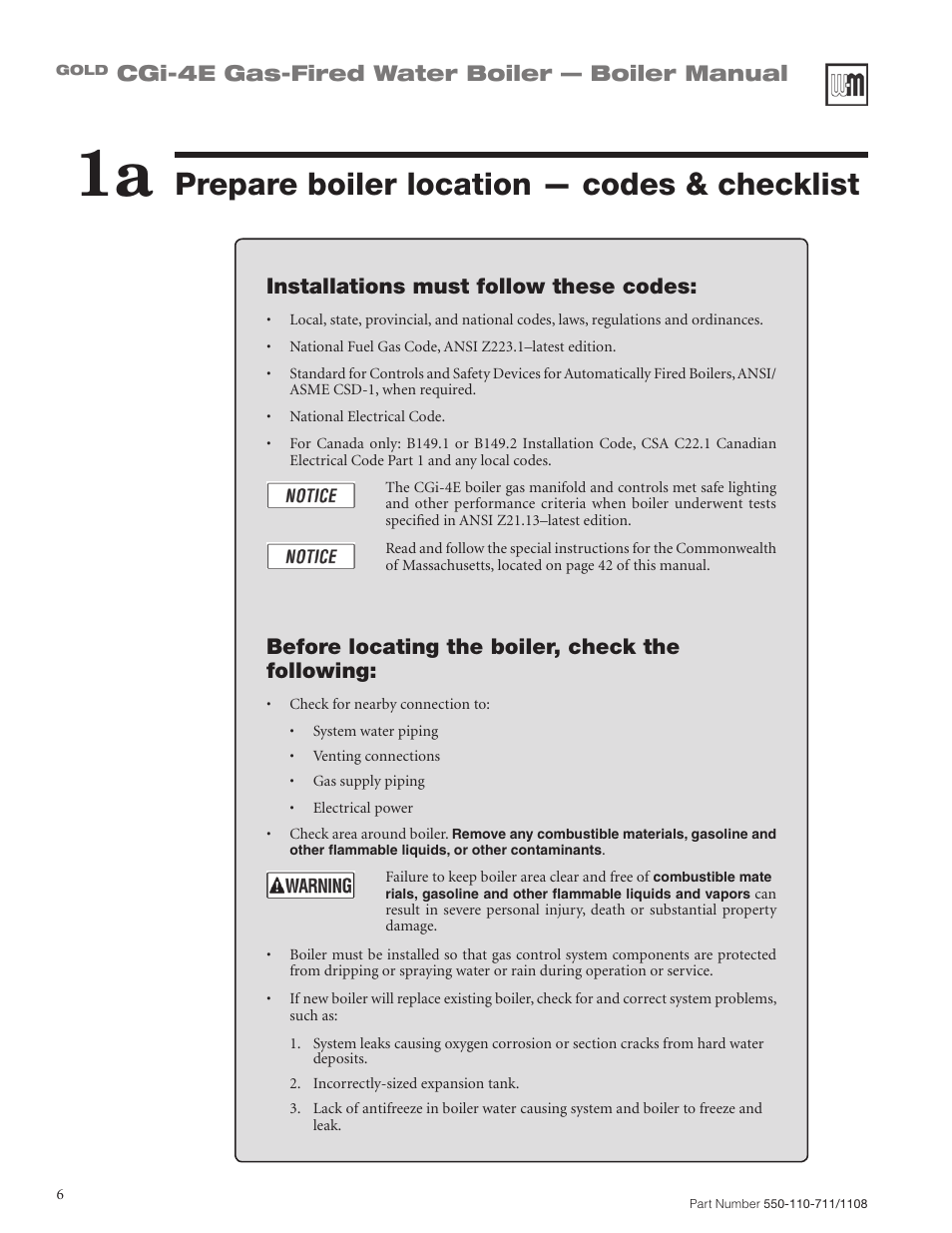 Prepare boiler location — codes & checklist, Cgi-4e gas-fired water boiler — boiler manual, Installations must follow these codes | Before locating the boiler, check the following | Weil-McLain GOLD CGI-4E User Manual | Page 6 / 68