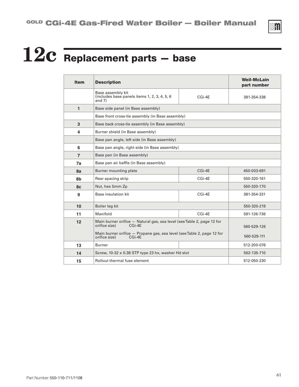 Replacement parts — base, Cgi-4e gas-fired water boiler — boiler manual | Weil-McLain GOLD CGI-4E User Manual | Page 61 / 68